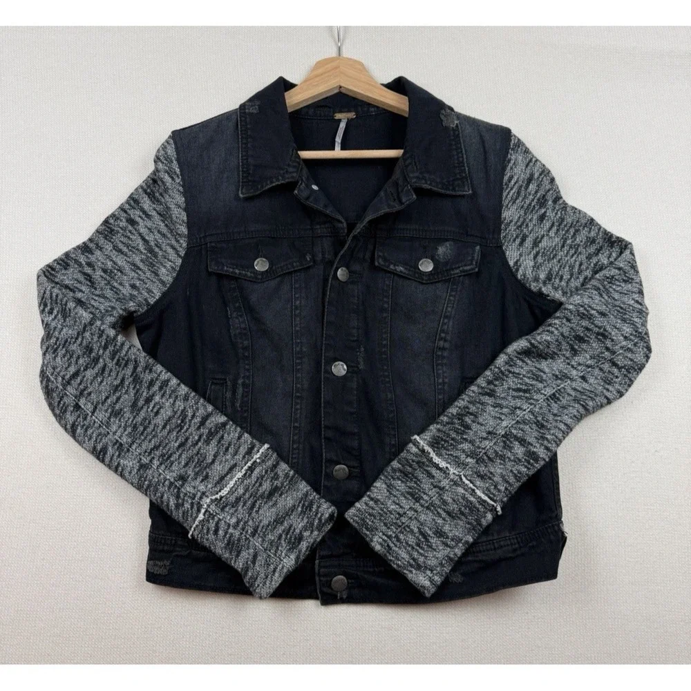 Free People Women's Black Distressed Jean Jacket Sweatshirt Sleeves No Hood Sz M
